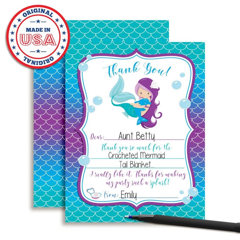 Amanda Creation Magical Mermaid Thank You Notes for Kids, Ten 4" x 5.5" Fill In The Blank Cards with 10 White Envelopes by AmandaCreation - Image 3